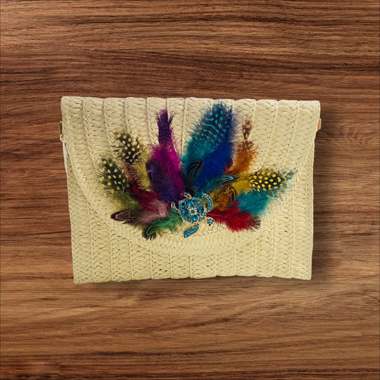Hand Designed Layered Paper Braided Envelope Clutch Bag with Strap Natural Boho