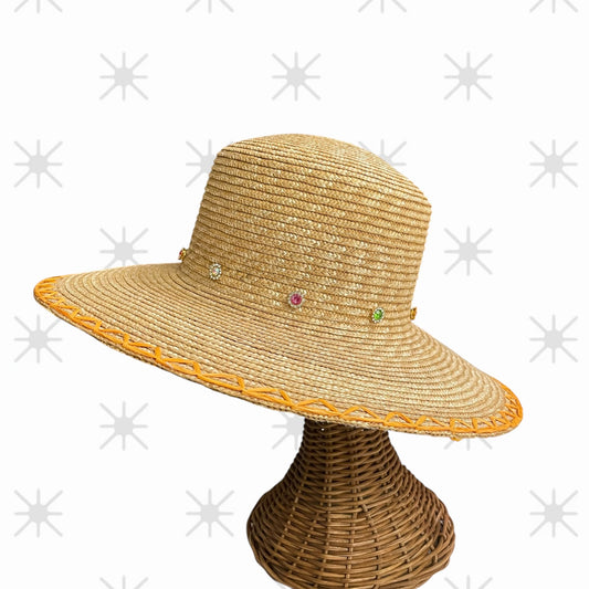 Festival Bucket Straw Hat with Rhinestone Embellishments