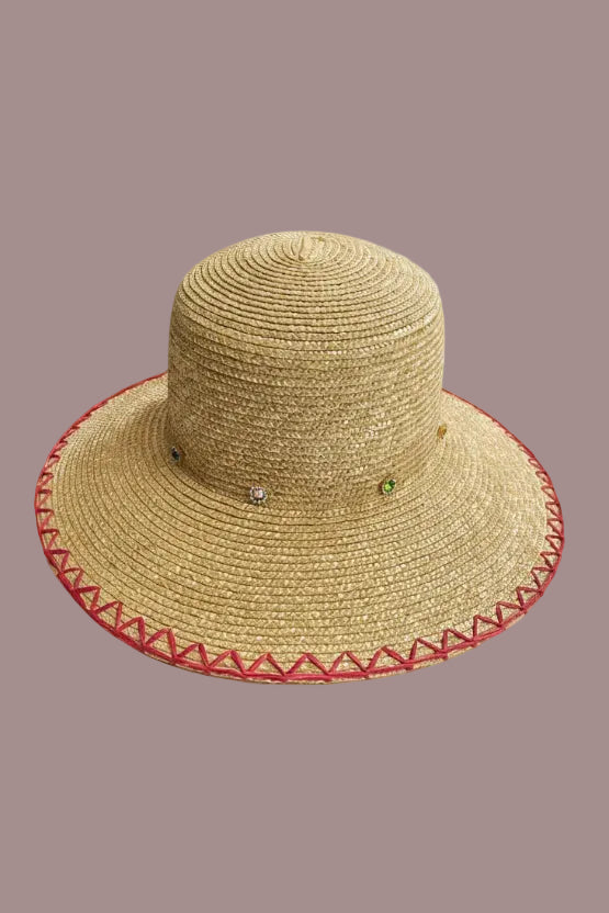Rhinestone straw bucket hat side view