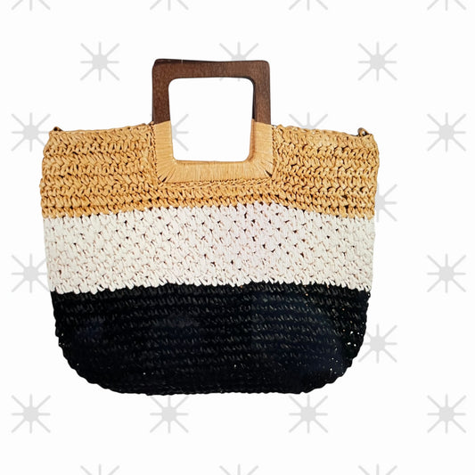 Handmade Straw Braided Striped Tote Bag