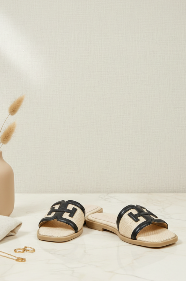 BOARDWALK BLACK AND RAFFIA LEATHER LINE DESIGN SLIP-ON SANDALS