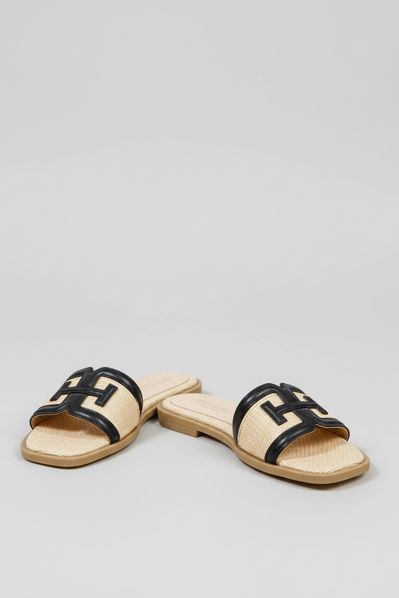 BOARDWALK BLACK AND RAFFIA LEATHER LINE DESIGN SLIP-ON SANDALS