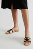 Black leather line design raffia sandals