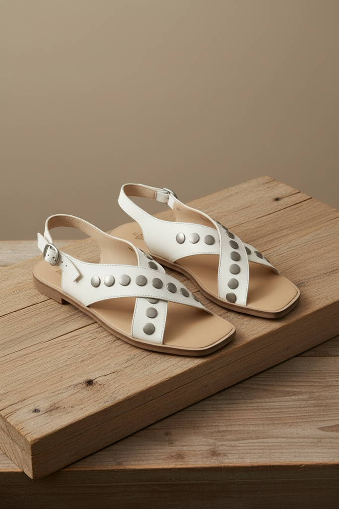 White studded cross band sandals — The Kylie