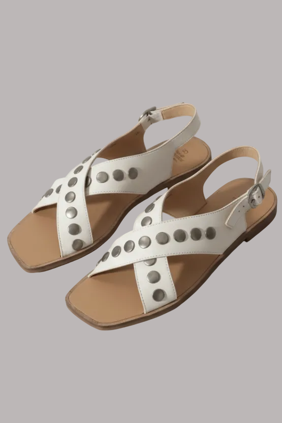 THE KYLIE WHITE STUDDED CROSS BAND SANDALS