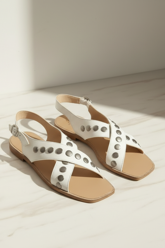 Studded cross band sandal in white