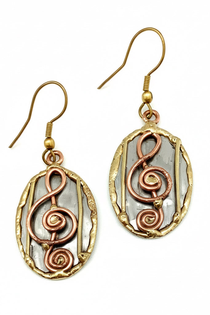 Oval Mixed Metal Music Sign French Wire Hooks Earrings