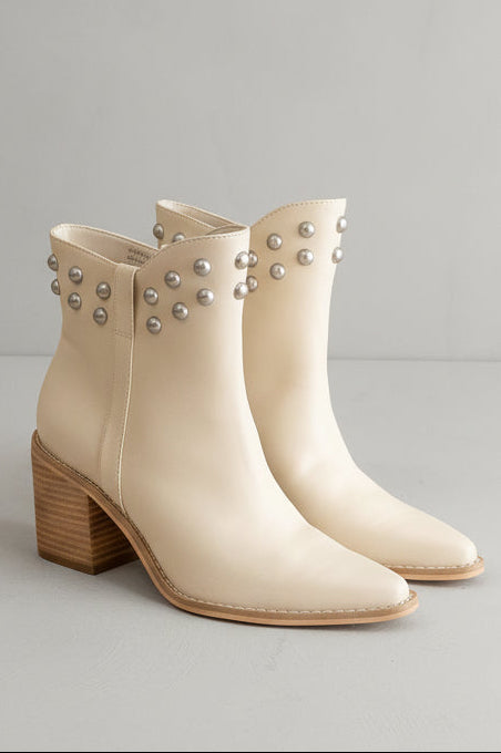 Ivory Studded Western Ankle Block Heel Boot
