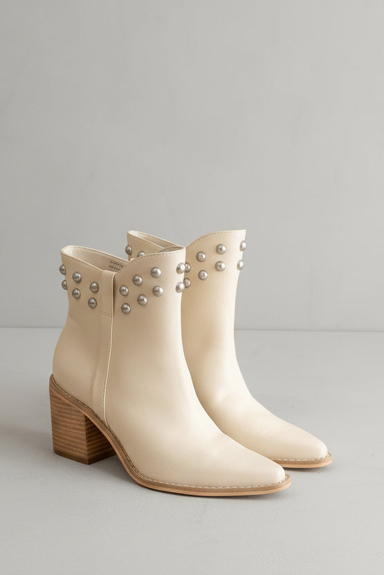 Ivory Studded Western Ankle Block Heel Boot