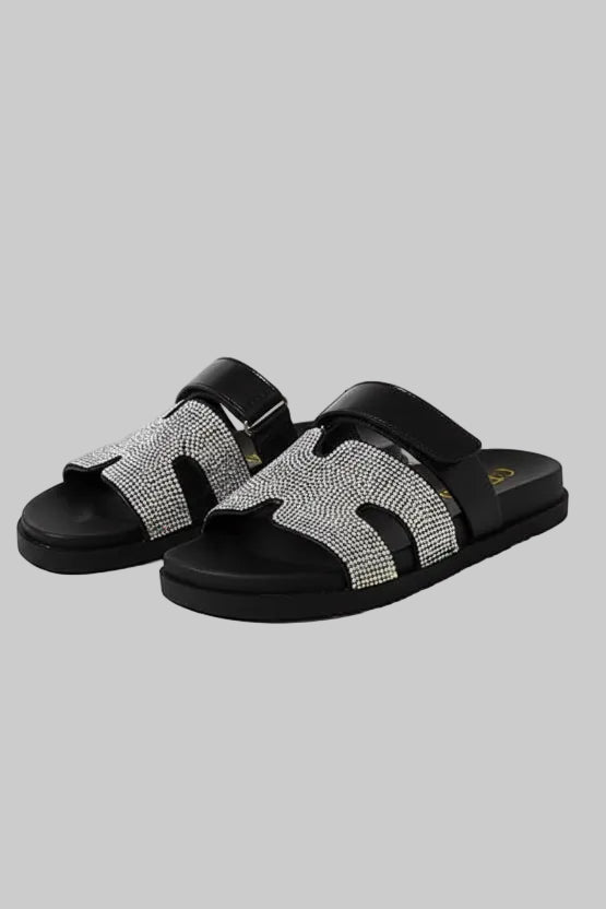 STARDUST BLACK EMBELLISHED SLIP ON SLIDES