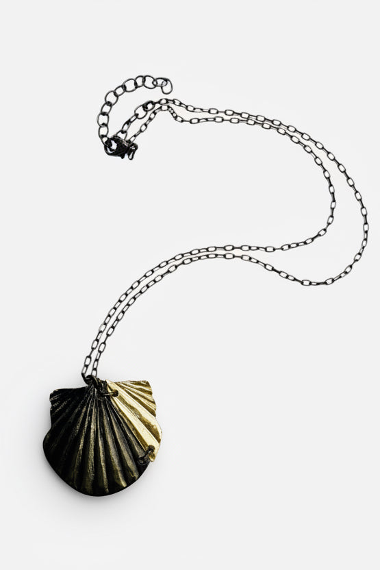 Antique Silver and Black Tone Scallop Shell Necklace