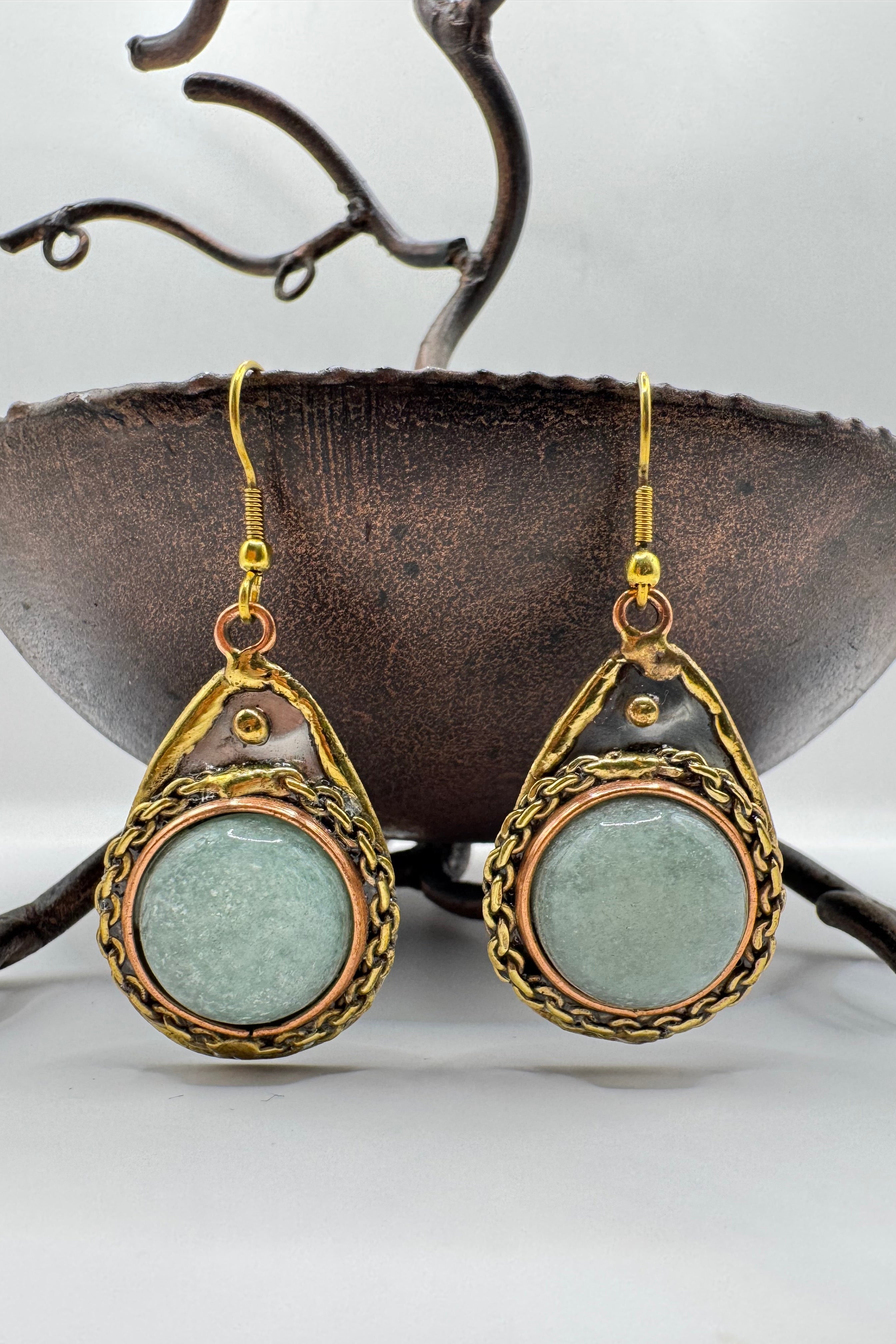 Handmade Teardrop shape with Aventurine Mixed metal earrings