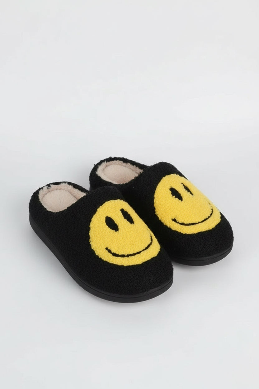 Smiley Face Terry Cloth Fuzzy Sherpa Fleece Slippers