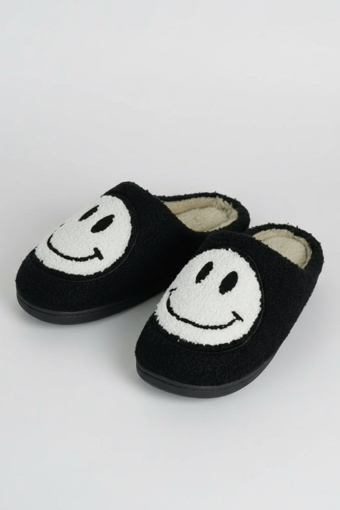 Plush sherpa smiley face slippers top view