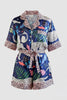 Blue leopard trim satin pajama set on model