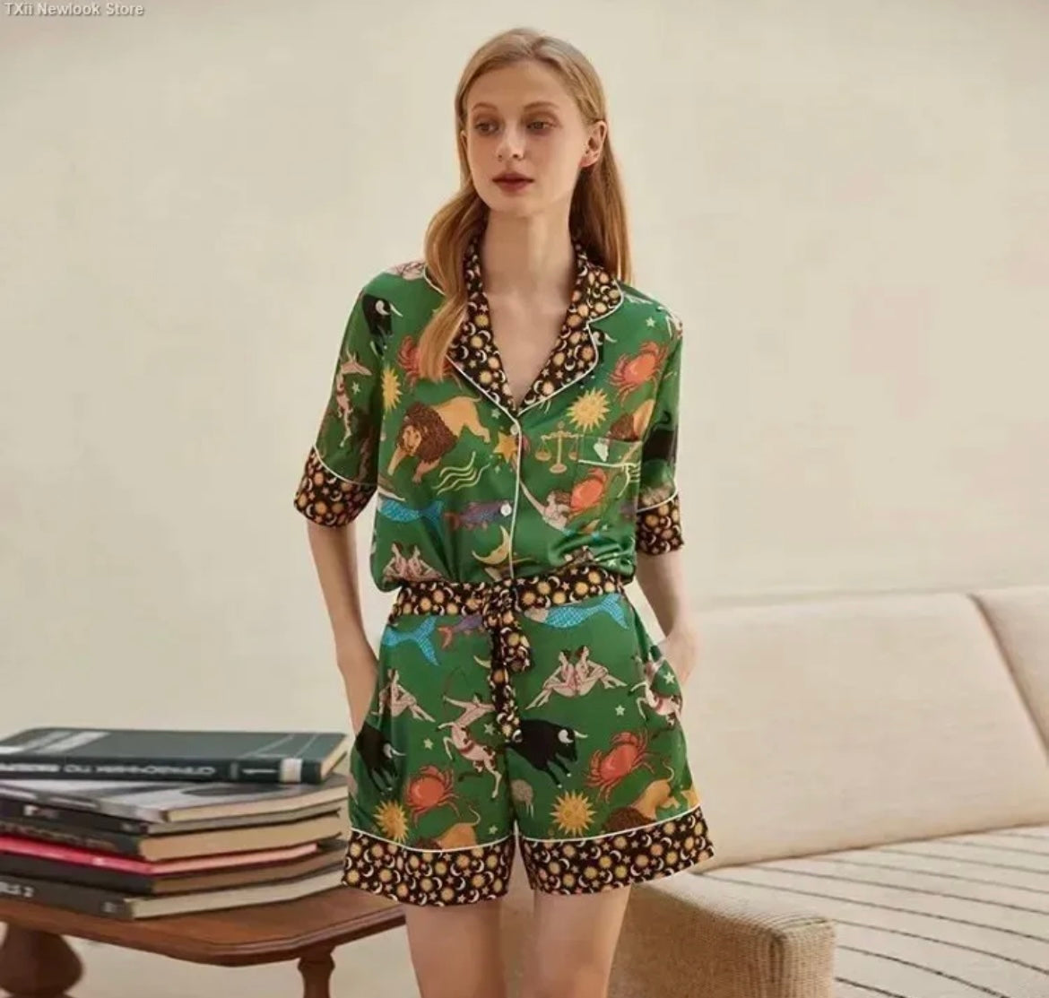 Green Moon & Star Trim Astrology Print Two Piece Pajama Set