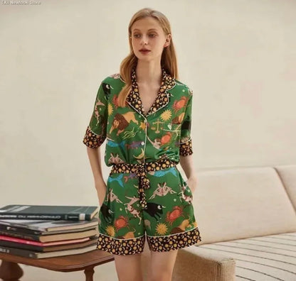 Green Moon & Star Trim Astrology Print Two Piece Pajama Set