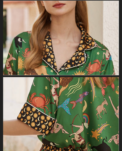 Green Moon & Star Trim Astrology Print Two Piece Pajama Set