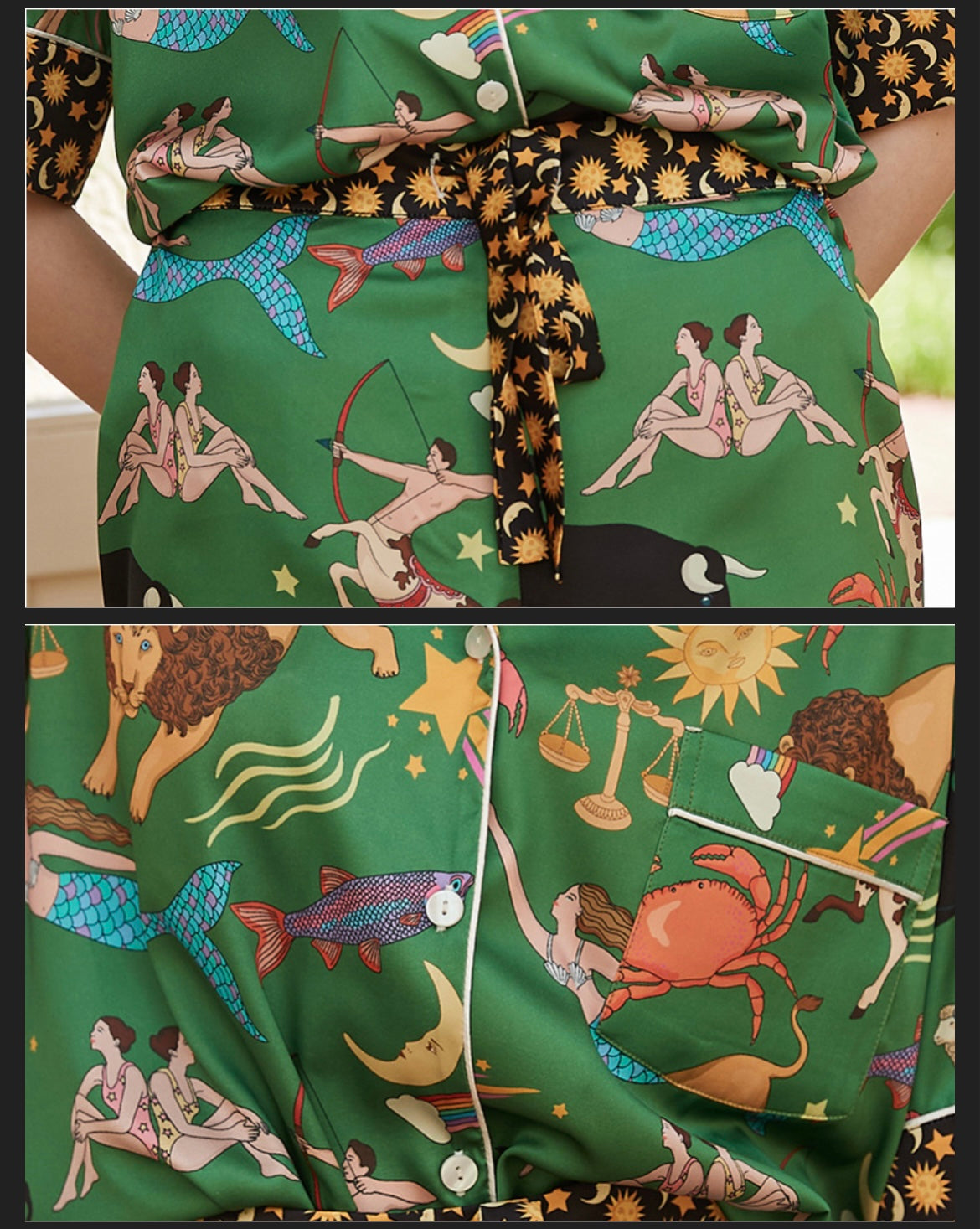 Green Moon & Star Trim Astrology Print Two Piece Pajama Set
