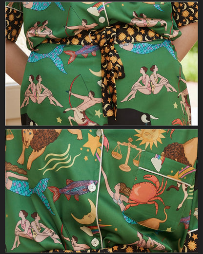 Green Moon & Star Trim Astrology Print Two Piece Pajama Set