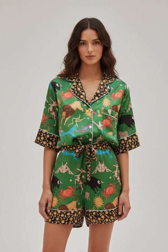 Green moon and star trim astrology print two-piece pajama set