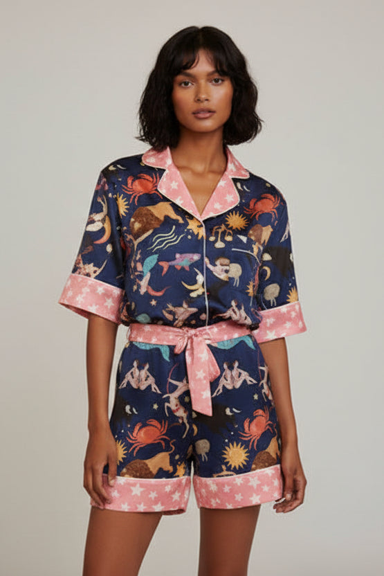 Star trim blue astrology print two-piece pajama set