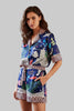 Blue leopard trim satin pajama set, full view
