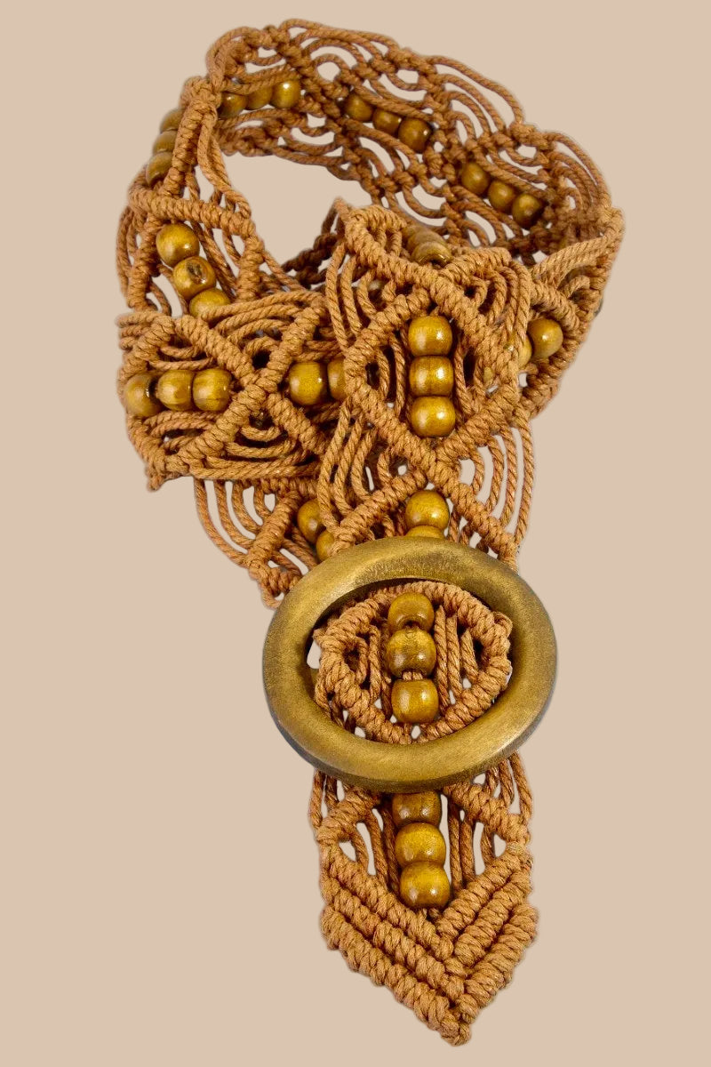 MACRAMUSE BEADED BROWN WOODEN BUCKLE BELT