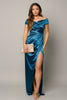 Teal satin off-shoulder maxi gown