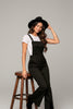Sleeveless satin overall showing slit leg detail