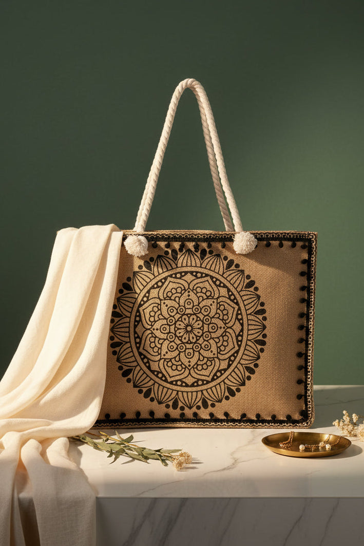 Floral tote bag handles and construction close-up