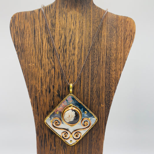 Stainless Steel Mix Metal Brown Cream Gemstone Pendant Brass/ Copper with Leather Cord