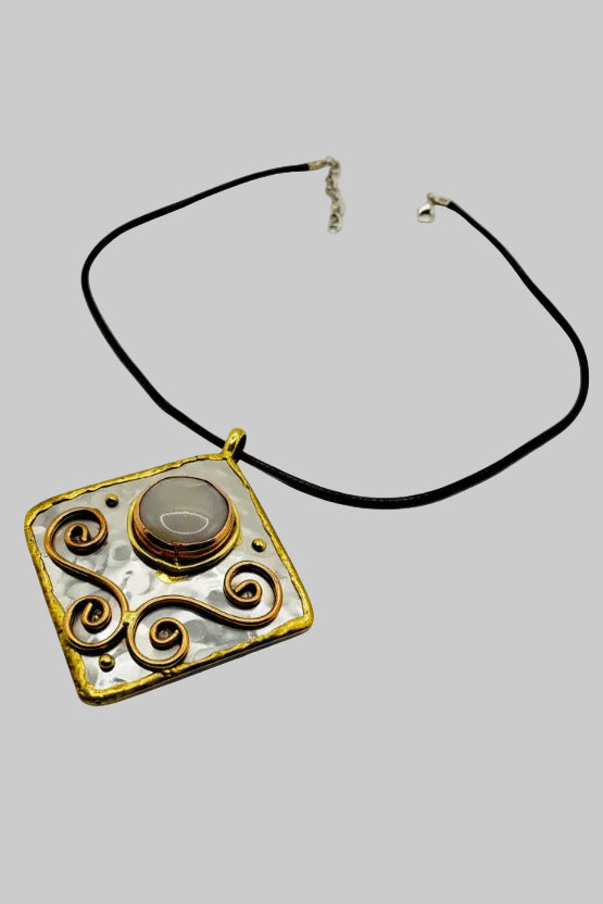 Stainless Steel Mix Metal Milky Cream Gemstone Pendant Brass/ Copper with Leather Cord
