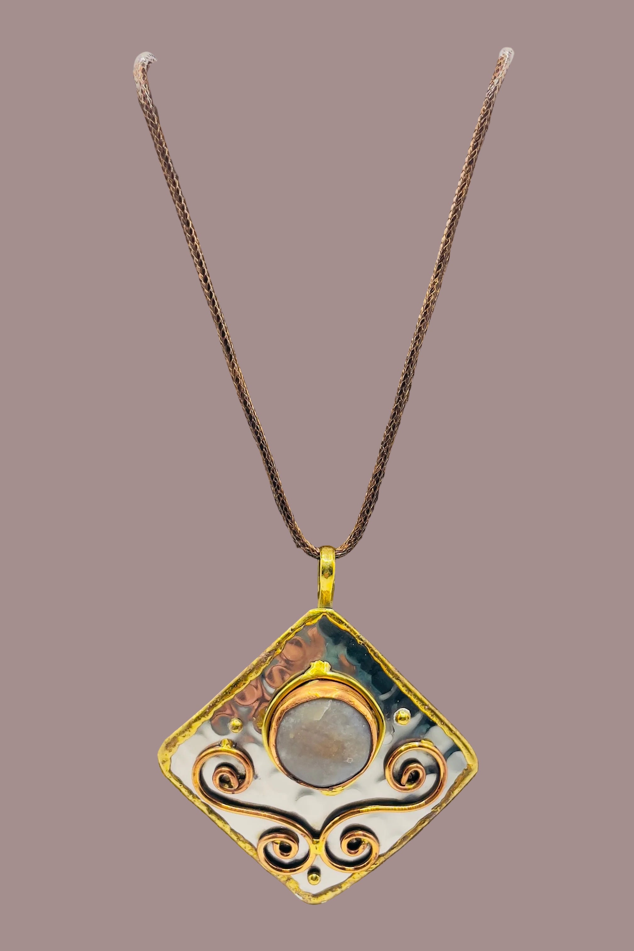 Stainless Steel Mix Metal Milky Cream Gemstone Pendant Brass/ Copper with Leather Cord