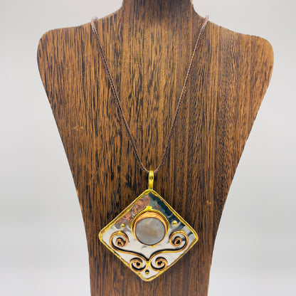 Stainless Steel Mix Metal Milky Cream Gemstone Pendant Brass/ Copper with Leather Cord