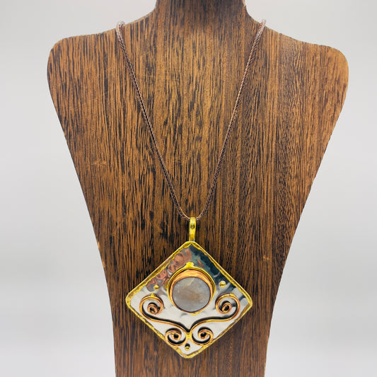 Stainless Steel Mix Metal Milky Cream Gemstone Pendant Brass/ Copper with Leather Cord