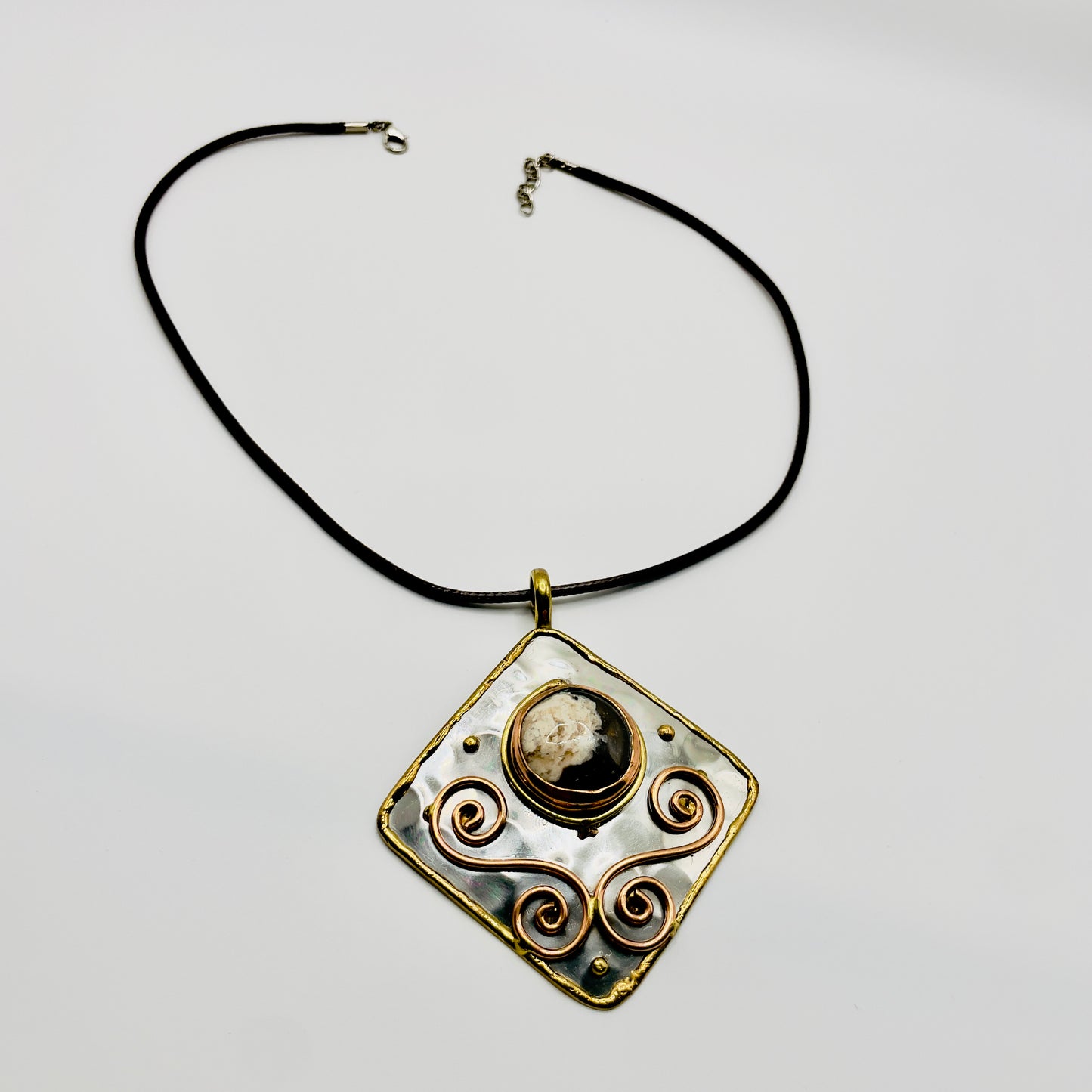 Stainless Steel Mix Metal Brown Cream Gemstone Pendant Brass/ Copper with Leather Cord