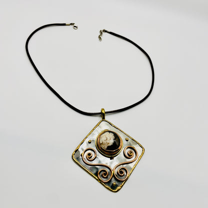 Stainless Steel Mix Metal Brown Cream Gemstone Pendant Brass/ Copper with Leather Cord