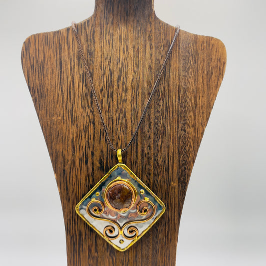 Stainless Steel Mix Metal Brown Gemstone Pendant Brass/ Copper with Leather Cord