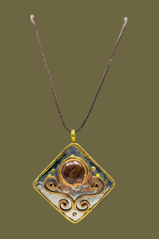 Stainless Steel Mix Metal Brown Gemstone Pendant Brass/ Copper with Leather Cord