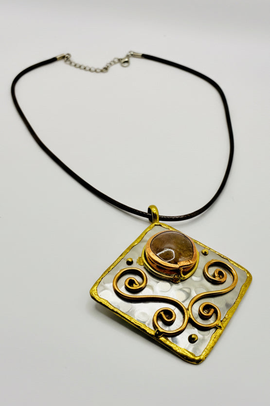 Stainless Steel Mix Metal Brown Gemstone Pendant Brass/ Copper with Leather Cord