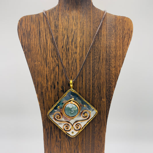 Stainless Steel Mixed Metal Green Gemstone Pendant Brass/ Copper with Leather Cord