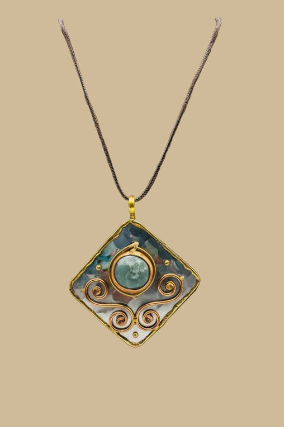 Stainless Steel Mixed Metal Green Gemstone Pendant Brass/ Copper with Leather Cord