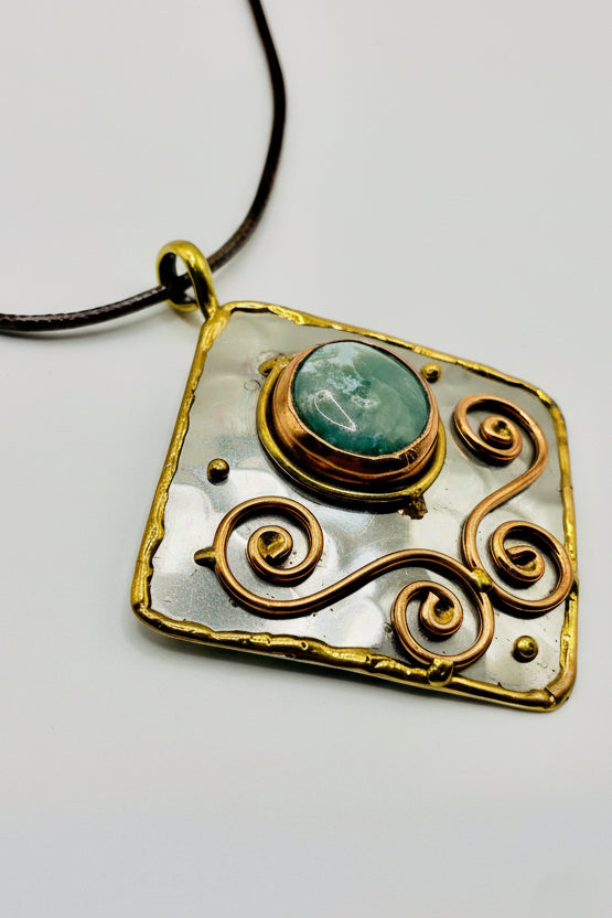 Stainless Steel Mixed Metal Green Gemstone Pendant Brass/ Copper with Leather Cord