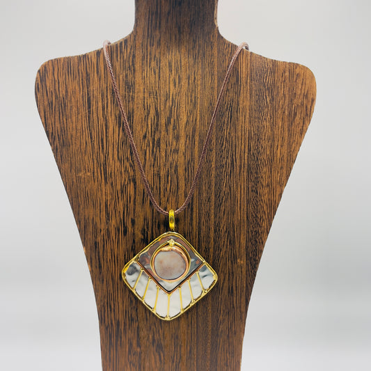 Stainless Steel Mix Metal Milky Gemstone Pendant Brass/ Copper with Leather Cord