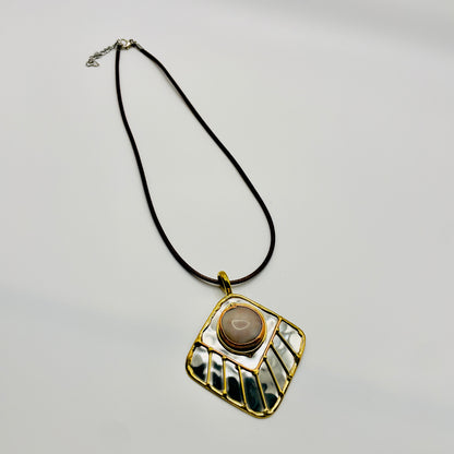 Stainless Steel Mix Metal Milky Gemstone Pendant Brass/ Copper with Leather Cord