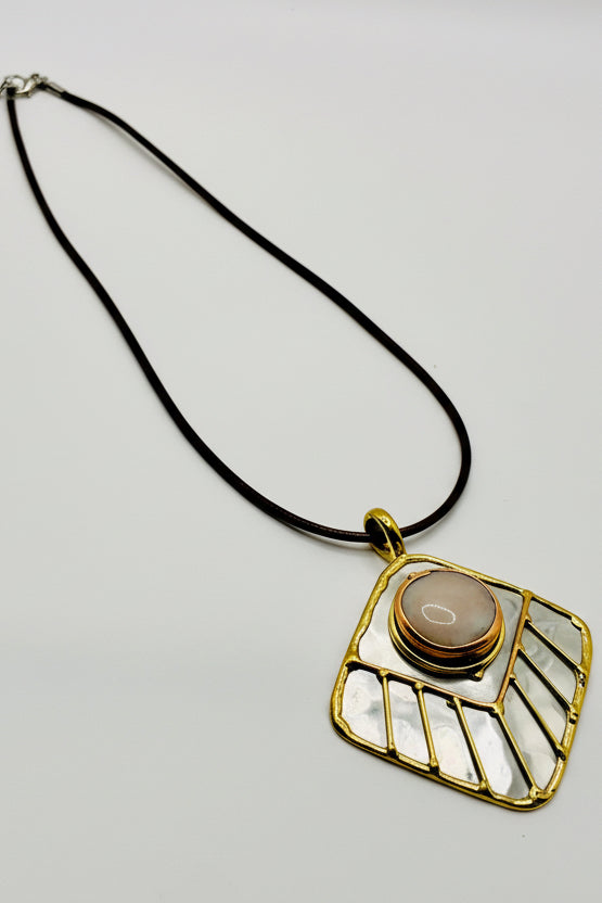 Stainless Steel Mix Metal Milky Gemstone Pendant Brass/ Copper with Leather Cord