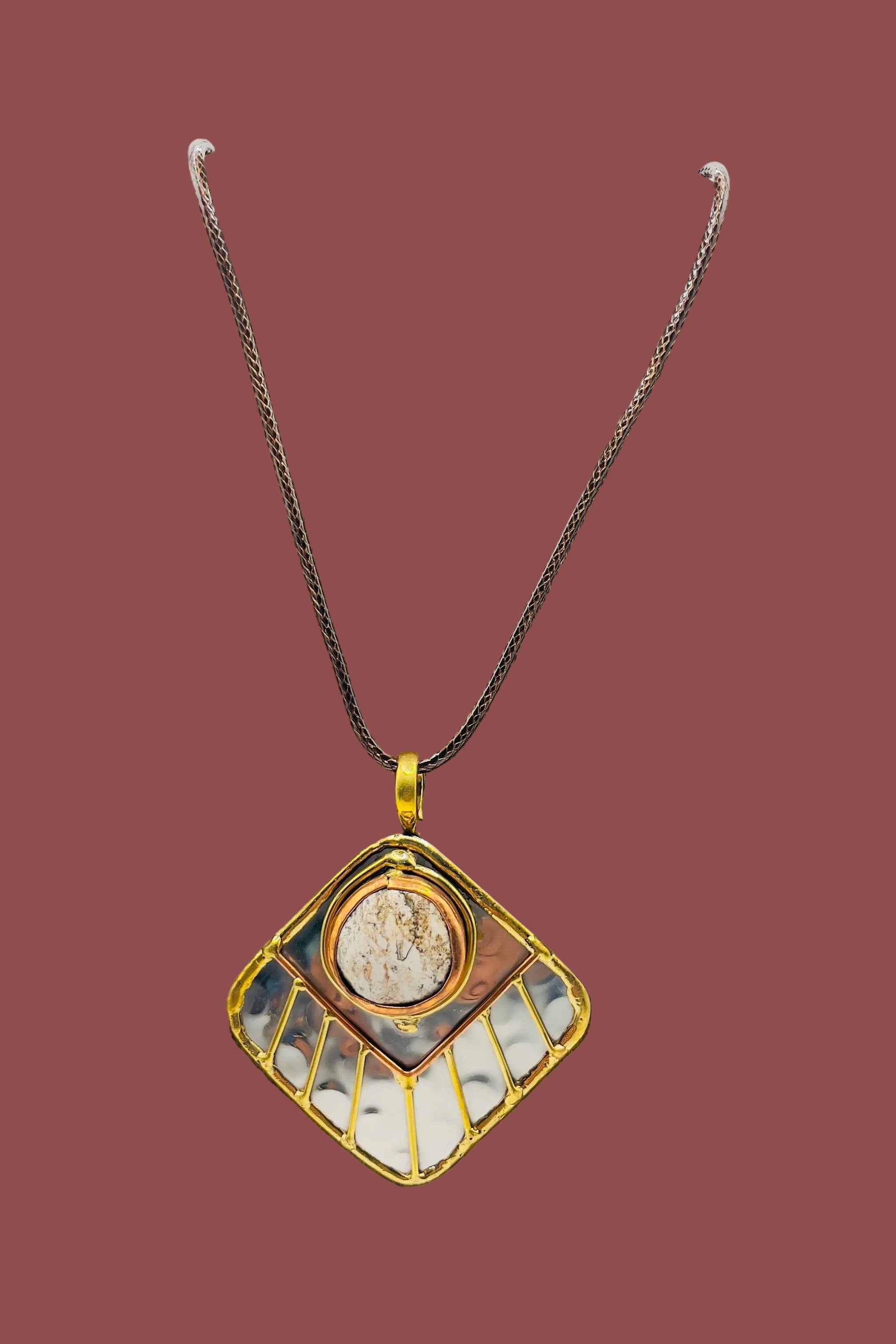 Stainless Steel Mix Metal Cream Gemstone Pendant Brass/ Copper with Leather Cord