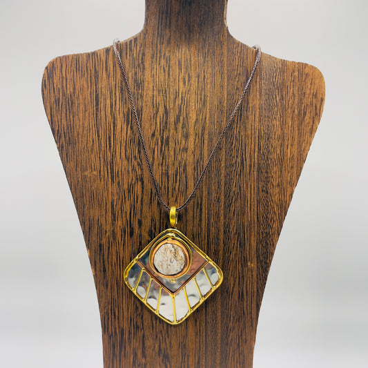 Stainless Steel Mix Metal Cream Gemstone Pendant Brass/ Copper with Leather Cord