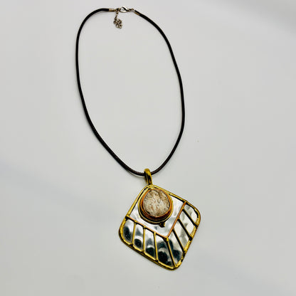 Stainless Steel Mix Metal Cream Gemstone Pendant Brass/ Copper with Leather Cord